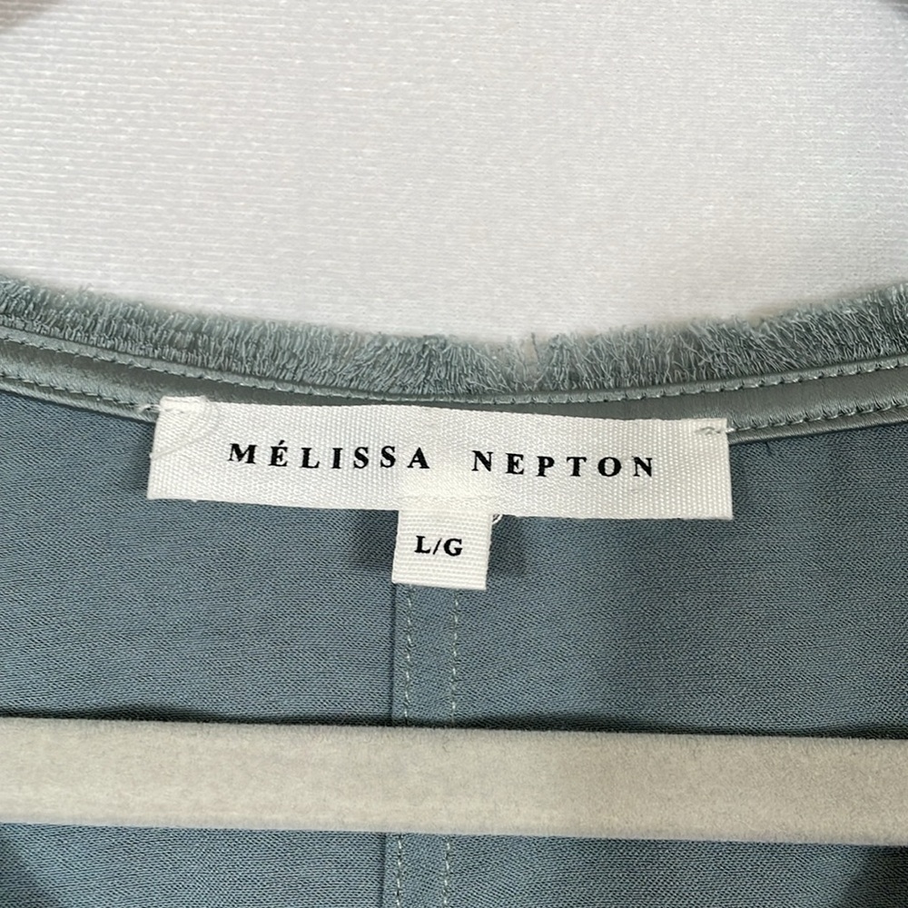 Melissa Nepton Satin Top Size L Seafoam Blue Color Fringe Neckline - Picture 2 of 7